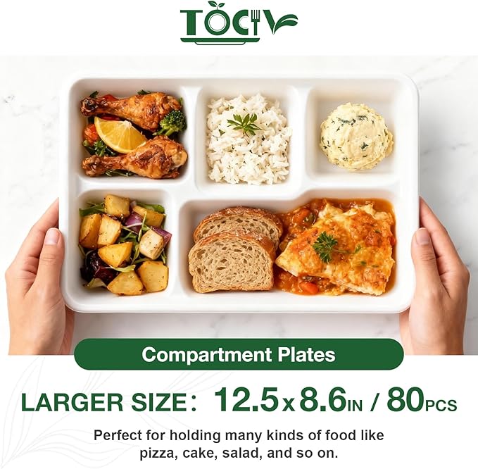 5 Compartment Paper Plates 12.5 x 8.6 inch 80- Count Compostable Disposable Divided Dinner Sectional Plates for Adults Heavy Duty Lunch Party Food Serving Trays with Dividers