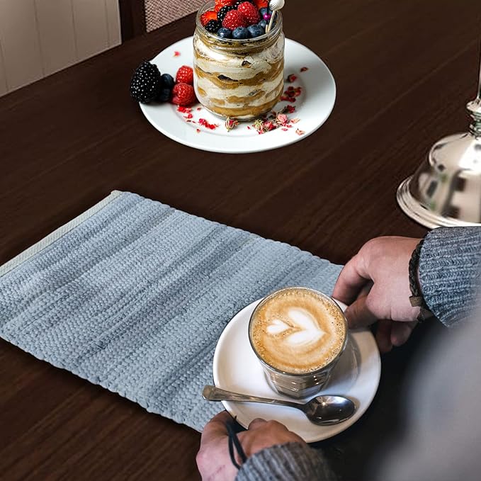 Perilla Home Natural Chindi Jute Placemats Set of 4 Vintage Boho 13x19 Inch Grey Rectangle Table Mats for Kitchen Dining Room Home Decor Banquets Family Gathering Rustic Cotton Stripe Washable Mat