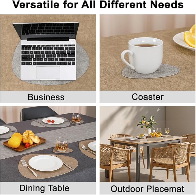 Placemats and Coasters, Washable Placemats Round Faux Leather Wipeable Place Mats Non Slip Heat Resistant Indoor Outdoor Table Mats (Set of 6, Light Gray Beige)