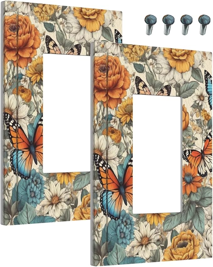 Outlet Covers Vintage Colorful Floral Butterfly Flowers 1 Gang Wall Plate Single Rocker Light Switch Cover Decorative GFCI Receptacle Electrical Switchplate for Bathroom Bedroom Decor（2 Pack）