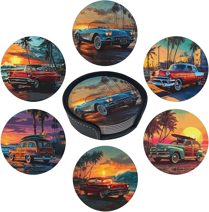 Car Print Coasters for Drinks with Holder Round Leather Coasters Set of 6 Cups Mugs Mat Pad for Home Kitchen Bar