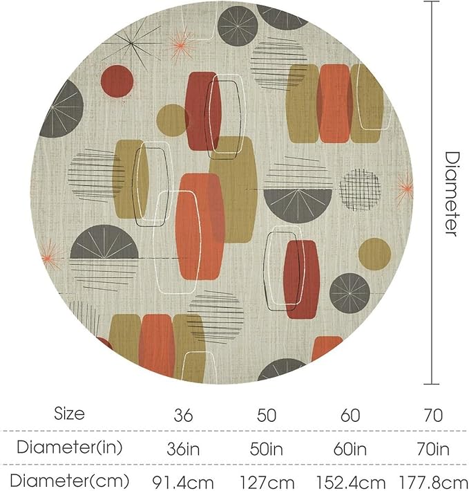 Retro Medieval Bohemian Round Tablecloth, Modern Mid Century Geometric Abstract Print Tablecloth for Home Party Dining Room Kitchen Decor 50Inch(127cm)