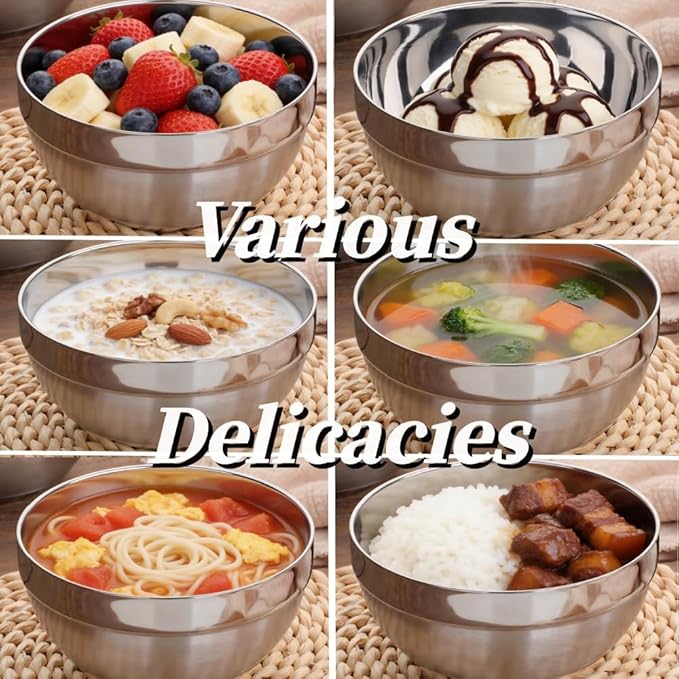 10pcs stainless Steel Bowls Set，5.1Inches Double Walled Insulated Large Serving Rice Cereal Salad noodle Bowl ， Unbreakable Deep Bowl， for kitchen Restaurant Dishwasher Safe