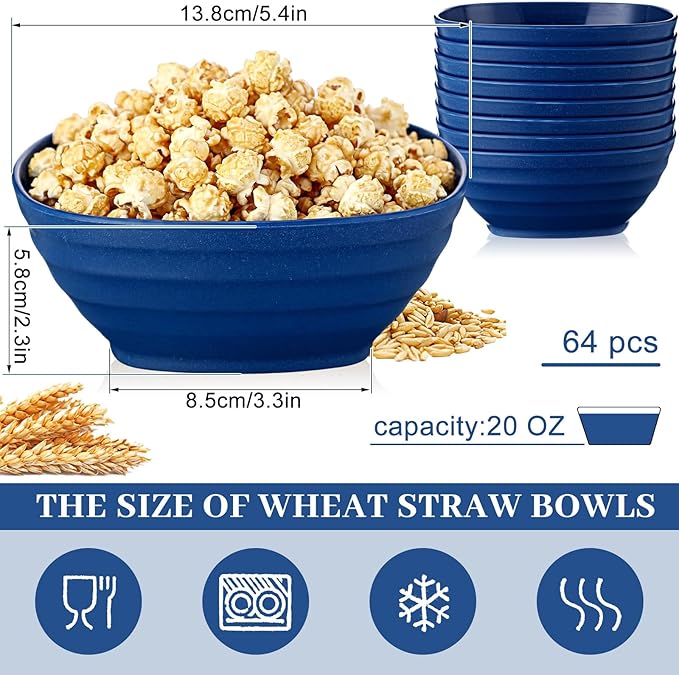 Gejoy 64 Pcs Unbreakable Cereal Reusable Wheat Straw Lightweight Bowls Microwave and Dishwasher Safe Soup Fiber Bowls for Kitchen Serving Salad Rice Snacks (Blue)