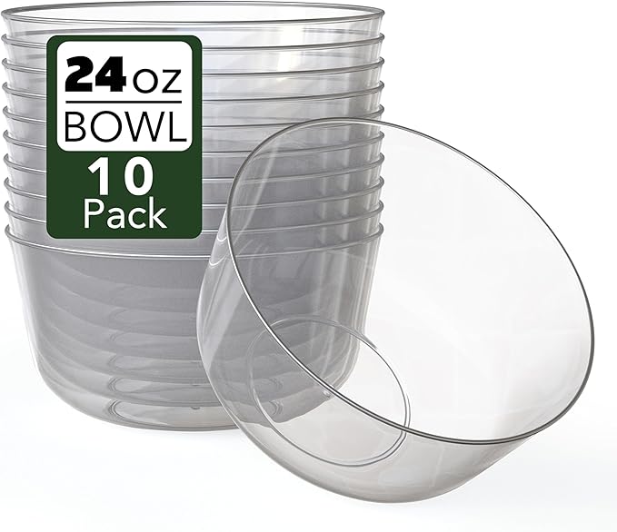 Trendables 24 oz Plastic Bowls Set - Fancy Serving Bowls - Perfect for Ice Cream, Salad, Candy - Disposable (10, Clear Silver Rimmed)