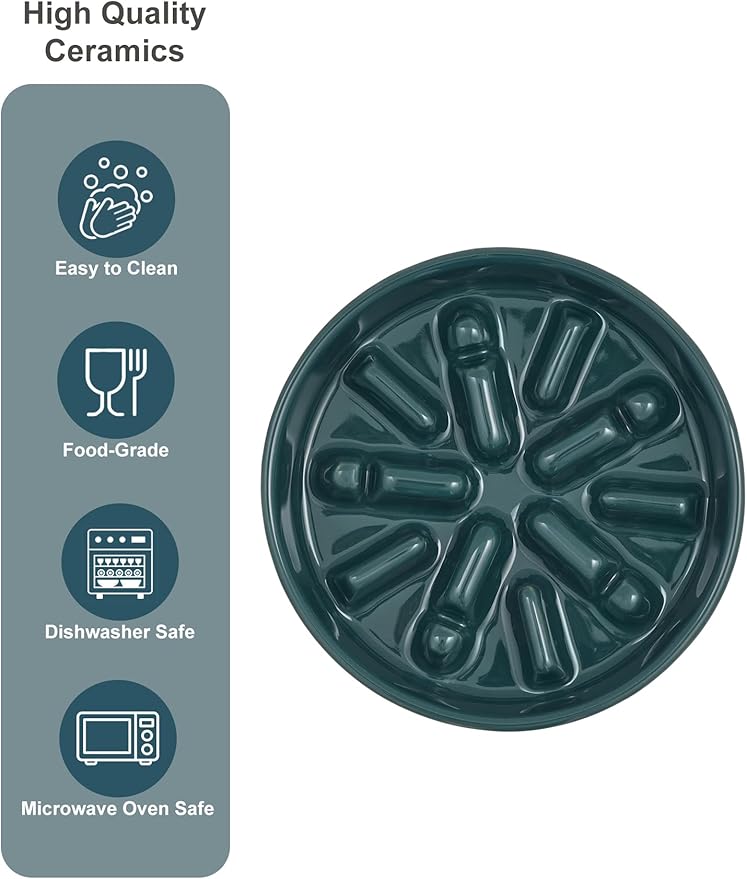 Ceramic Maze Dog Slow Feeder with Non-Slip Silicone Rim – Heavy-Duty Stoneware Bowl with Puzzle Pattern for Bloating & Obesity Prevention (Blue-S)