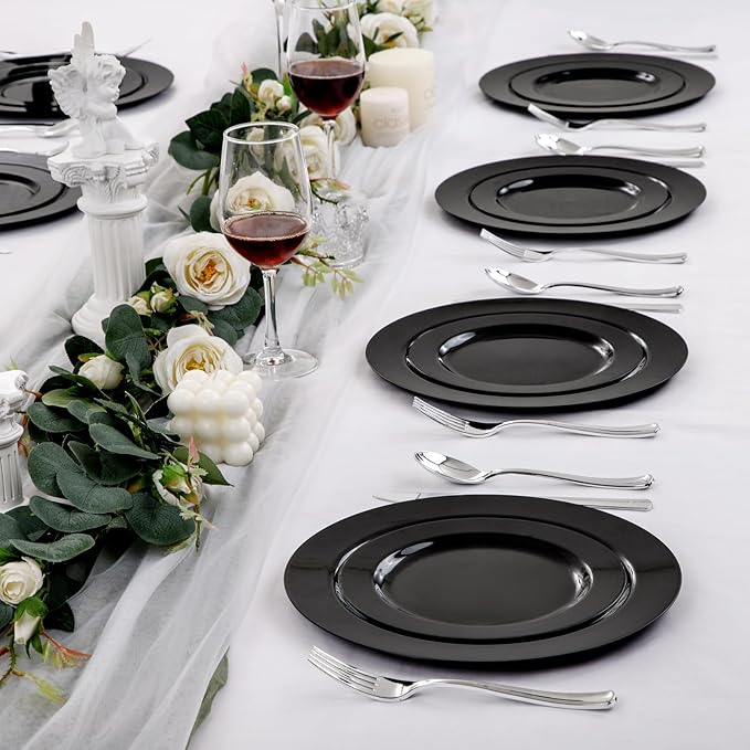 FLOWERCAT 100PCS Black Plastic Plates - Heavy Duty Black Disposable Plates for Birthday Party/Wedding/Father's Day- serve 50guests 10 inch and 7 inch Set