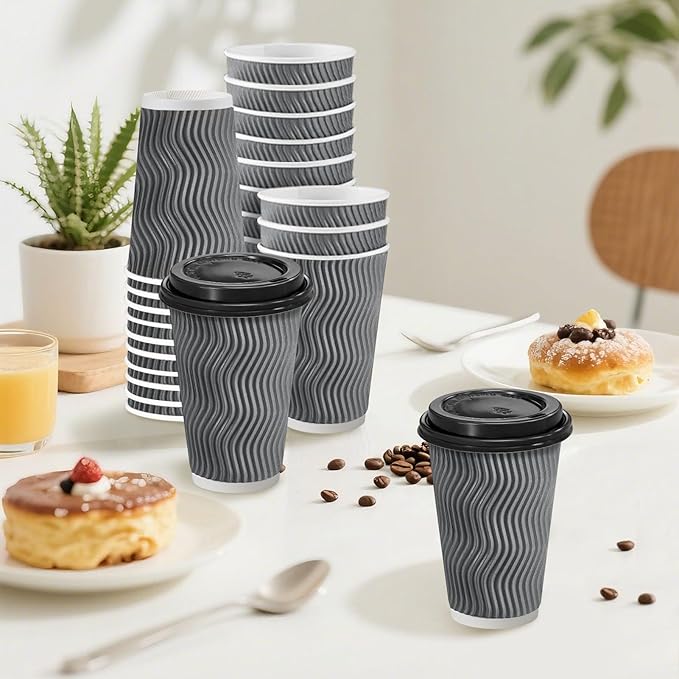 500 Pack Coffee Cups with Lids 16oz, Disposable Insulated Ripple Wall To Go Paper Coffee Cups for Hot/Cold Drinks Office Home Shop Event (Grey)