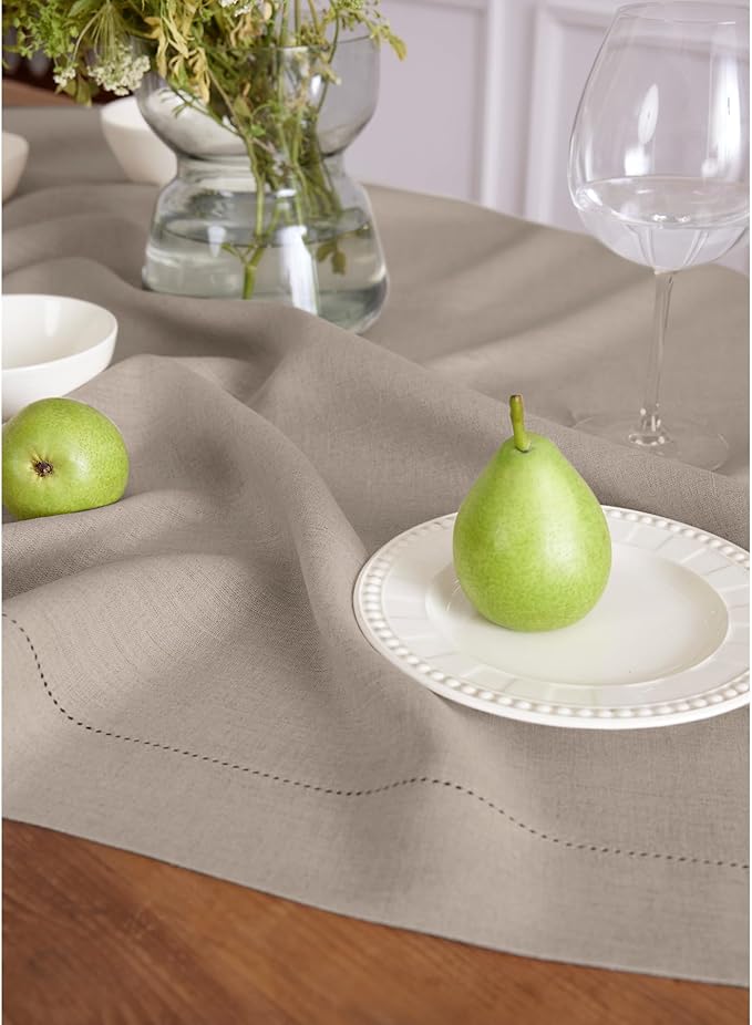 Solino Home Natural Linen Tablecloth 60 x 120 Inch - 100% Pure Linen Hemstitch Table Cloth for Rectangle Tables - Classic Hemstitch, Machine Washable Tablecloth for Spring, Easter