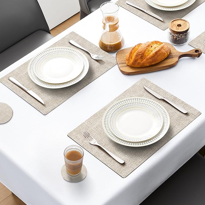 MOSAYT Placemats Set of 8, Heat Resistant Vinyl Place Mats with Coasters, Wipeable Washable 100% Waterproof Oil Proof Faux Leather Table Mats for Kitchen Dining Party Indoor Outdoor, 12" x 17", Beige