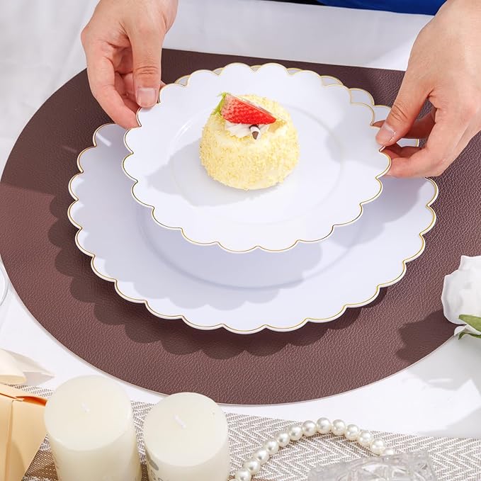 LIYH 60 Pcs Gold White Plastic Plates Scalloped Plastic Holiday Plates Disposable Gold Combo Plate Includes 30 Dessert & 30 Dinner Plate Dishes for Valentine's Day and Mother's Day