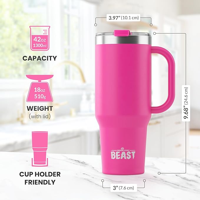 Beast 42 oz Tumbler with Handle Stainless Steel Vacuum Insulated Coffee Ice Cup Double Wall Travel Flask (Cupcake Pink)