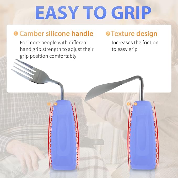 Adaptive Utensils Angled Knife and Fork for Hand Tremors Parkinsons,Weighted Utensils with Non-Slip Easy Grip Handles for Independent Eating (1pcs Bent Knife+1pcs Fork,Purple,Right Hand)