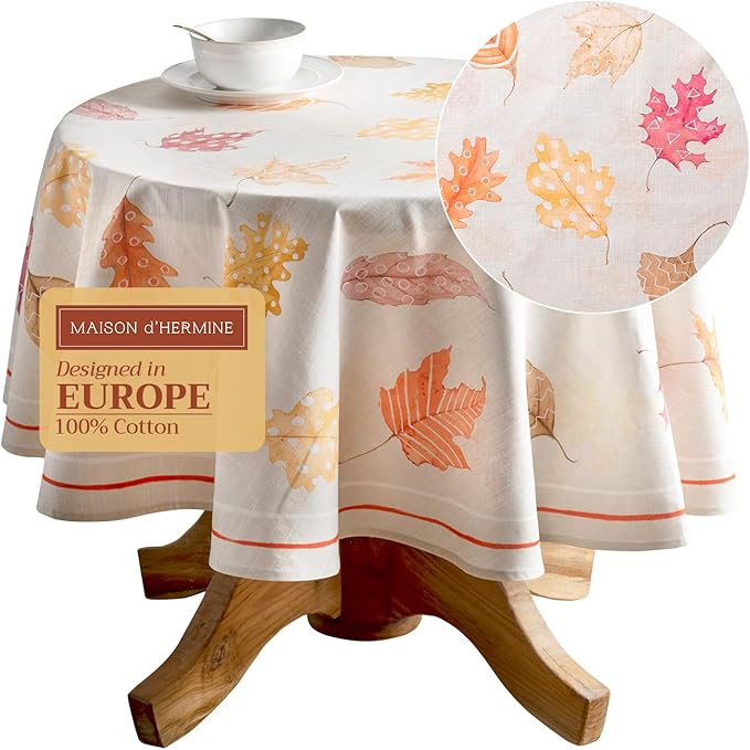 Maison d' Hermine Table Cloth Round Table 100% Cotton 63 Inches Fall Tablecloth Reusable Everyday Use for Thanksgiving Christmas Decorations Dining Farmhouse Party (Colours of Autumn)