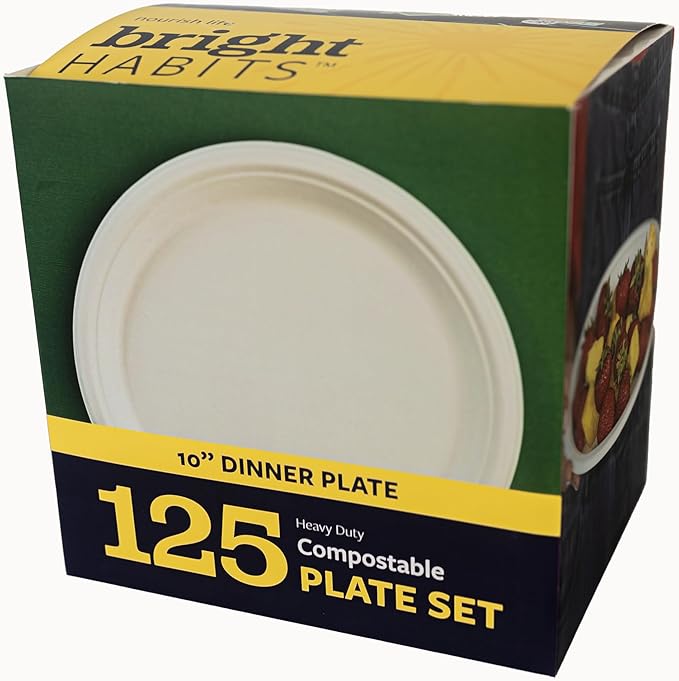 10” Compostable Plates, 125-Pack | Biodegradable Sugarcane | Sturdy, Microwave-Safe Disposable Plates for Parties & Events