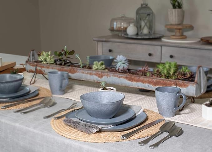 Elanze Designs 16-Piece Modern Luxury Chic Smooth Vintage Handmade Shape Matte Finish Ceramic Stoneware Square Plate Mug & Bowl Kitchen Dinnerware 16 Piece Set - Service for 4, Slate Grey