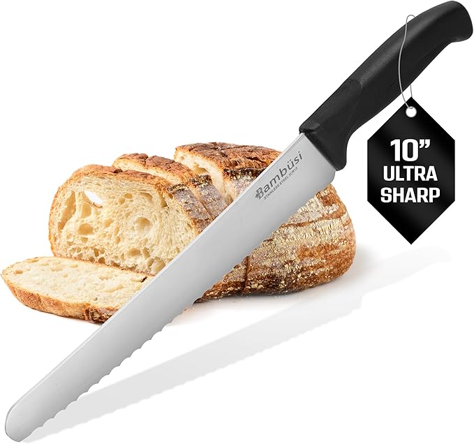 Bread Knife - 10 inch Serrated Stainless Steel Cutter with Non-Slip Handle for Sourdough, Artisan Loaves, Baguettes, Bagels, Cakes & Pastries - Long Serrated Kitchen Knife for Bread, Meat & Carving