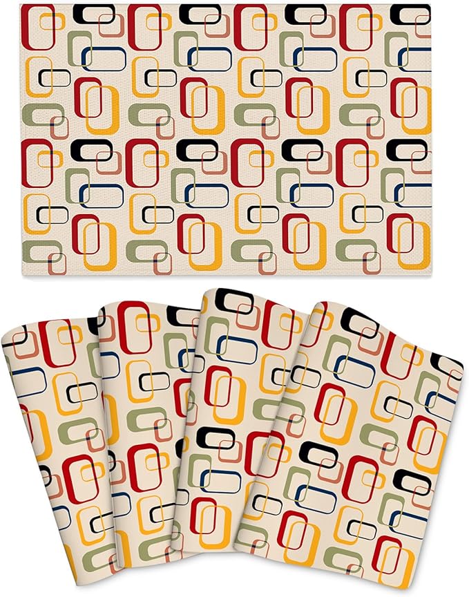 Mid Century Modern Dining Placemats Set of 4, Vintage Decorative Table Mats for Kitchen Home Party Decor Washable Retro Linen Place Mats 12"x18"