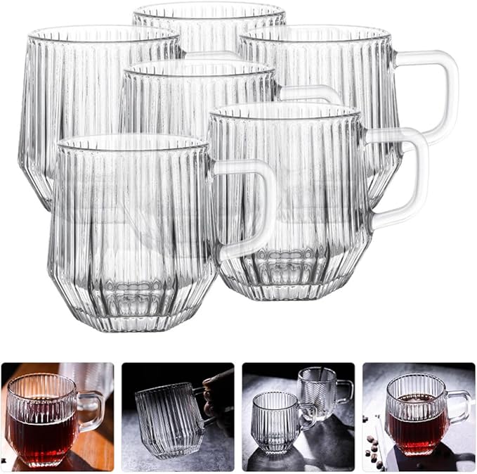 6Pcs Vertical Ribbed Glass Mugs with Handle, Reusable Household Glass Cups for Coffee, Tea, Milk, Orange Juice – Sturdy Glassware Set for Hot and Cold Beverages