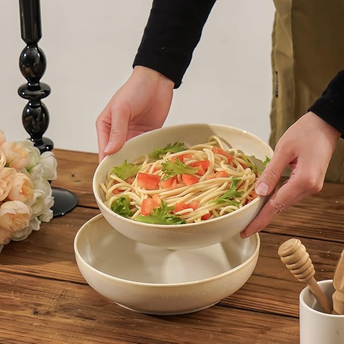 30oz Ceramic bowls set of 4-8" serving bowls for Kitchen,Pasta,Salad-Dishwasher & Microwave Safe Perfect for Housewarming, Thanksgiving, Christmas-Reactive Glaze Mixed White