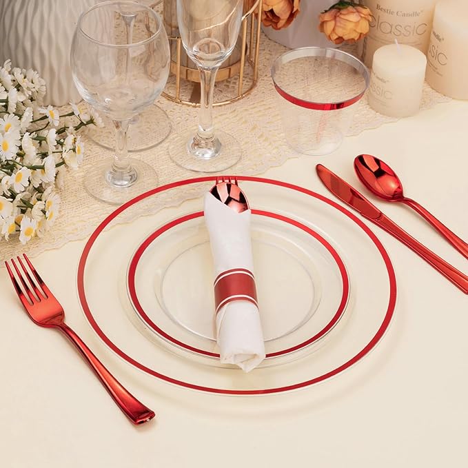 BESTSTAR 175PCS Clear and Red Disposable Plates Set for 25 Guests, 50 Plastic Plates, 25 Cups, 25 Pre-Rolled Napkins with Plastic Cutlery for Party, Birthday, Thanksgiving, Halloween, Christmas