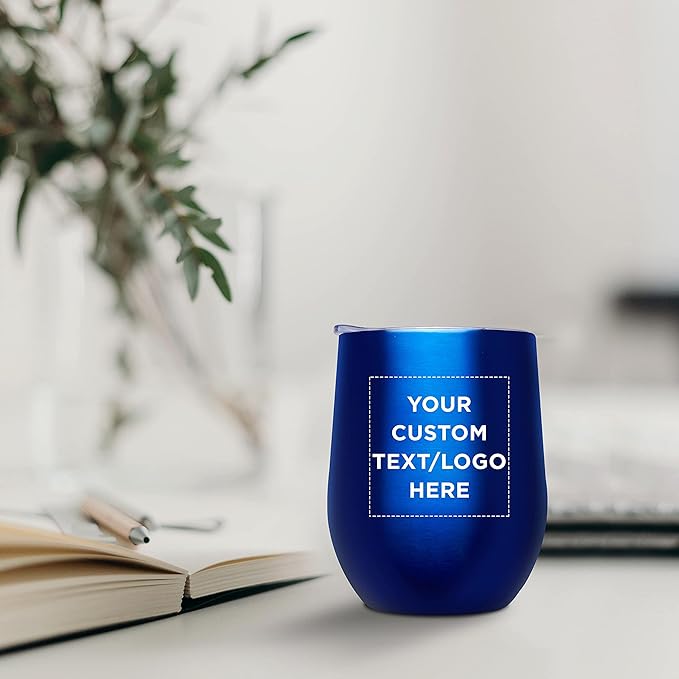 Custom Stemless Wine Glass Tumblers with Lids by Largo 11 oz. Set of 24, Personalized Bulk Pack - Perfect for Wine, Cocktails, Other Hot & Cold Beverages - Blue