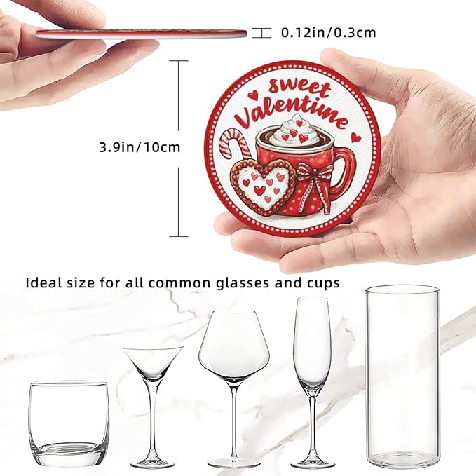 Sweetheart Coasters for Drinks with Holder Round Leather Coasters Set of 6 Cups Mugs Mat Pad for Home Kitchen Bar
