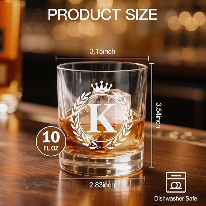 Whiskey Glasses - Rocks Old Fashioned Glass Gifts for Men, Monogrammed A-Z 10oz Personalized Whisky Glasses, Christmas Birthday Gifts for Men Him Dad Father Husband Brother Son (K)