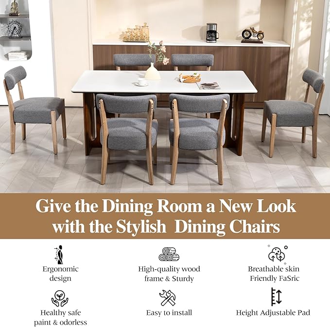 Dining Chairs Set of 6,Mid Century Modern Dining Chair Set - Linen Upholstered Low Back Kitchen & Dining Room Chairs with Woven Design,Grey Fabric