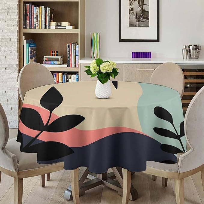 Medieval Bohemian Abstract Round Tablecloth, Mid Century Modern Leaves Geometric Tablecloth for Home Party Dining Room Kitchen Decor 70Inch(178cm)