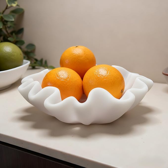 12" Large Handmade Decorative Bowl decor , Handicraft Scalloped Bowls for Modern Home Decor,Ruffle Decor,Key Bowl for Entry Table,Decorative Fruit Bowl for Kitchen Counter,Artificial Stone Milky White