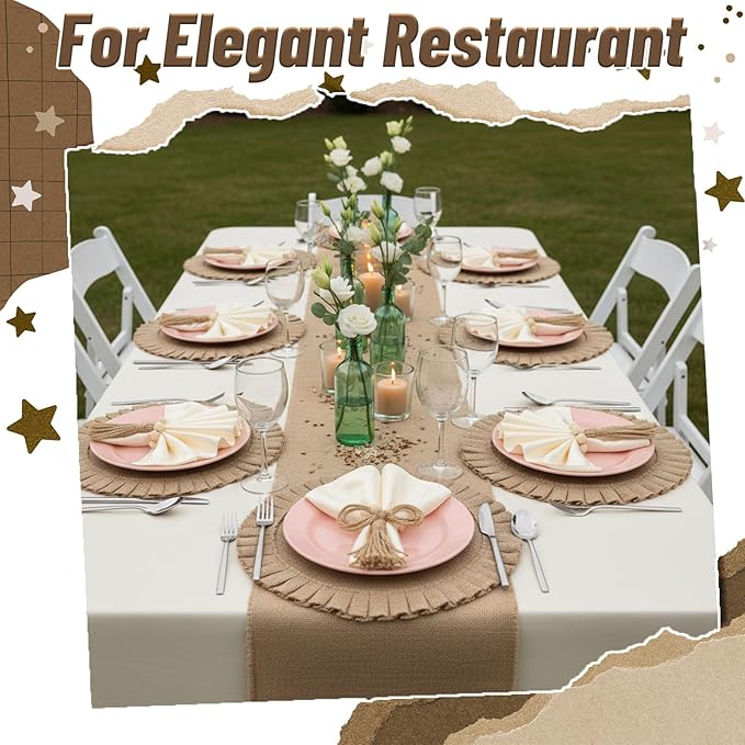 6 Sets Boho Placemats, Round Burlap Placemats Wood Bead Napkin Rings with Dinner Napkins Cloth Natural Burlap Cotton for Kitchen Dining Table Home Wedding