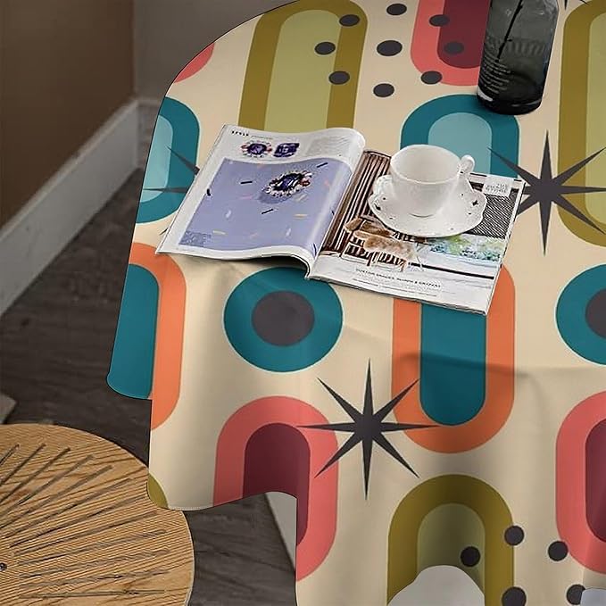 Mid Century Bohemian Round Tablecloth, Modern Medieval Geometric Abstract Print Tablecloth for Home Party Dining Room Kitchen Decor 70Inch(178cm)