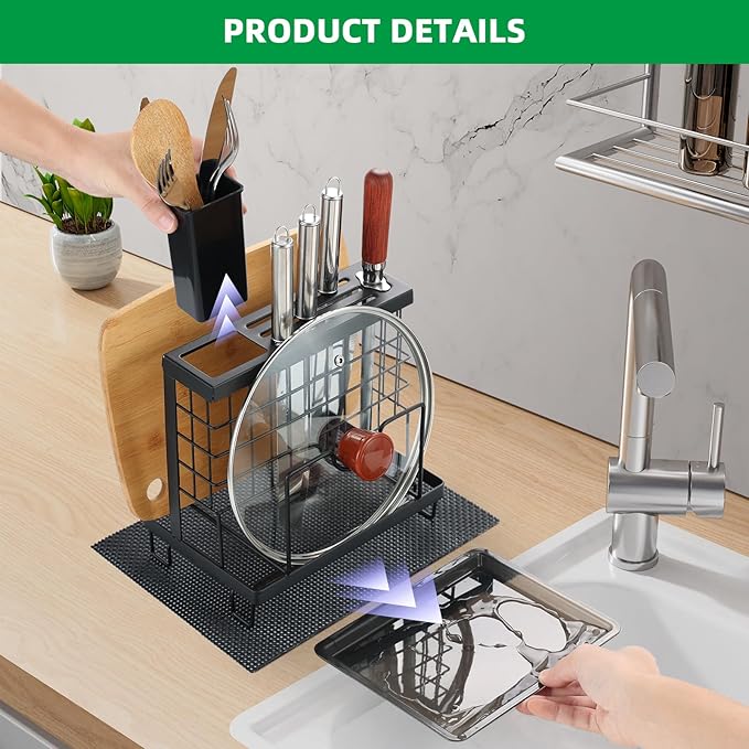 Universal Knife Block Holder, Kitchen Knife Holder Storage Organizer, Kitchen Utensils Holder, Cutting Board Rack, Pot Pan Lid Holder with Non-Slip Pad for Counter, Cabinet (Black)