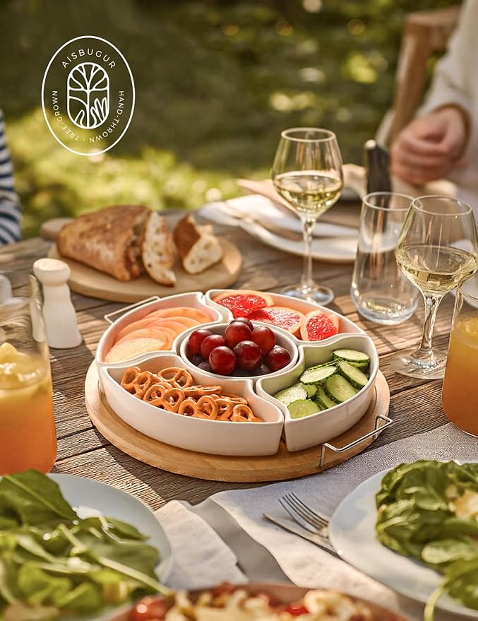Ceramic Divided Serving Dishes with Bamboo Tray,360° Rotatable Serving Bowls with Handles for Party,5 Removable Relish Tray,11.2 Inch Appetizer Serving Dish for Chips & Dip, Veggies, Candy & Snacks