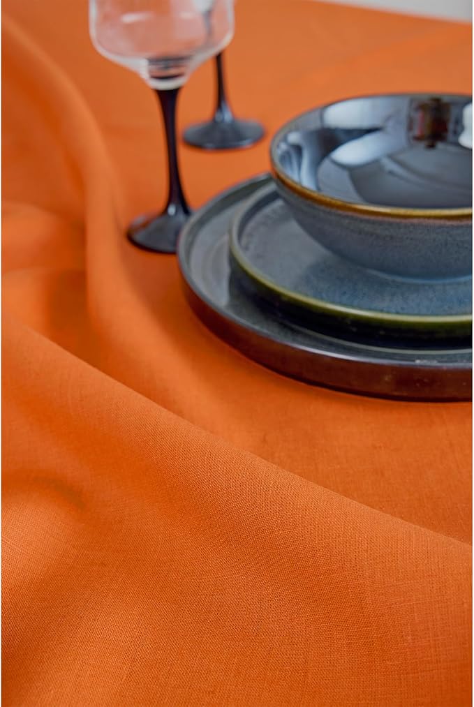 Solino Home Linen Tablecloth for Rectangle Tables 60 x 108 Inch - 100% Pure Linen Persimmon Orange Table Cloth - Fete, Machine Washable Cloth Tablecloth for Spring, Easter
