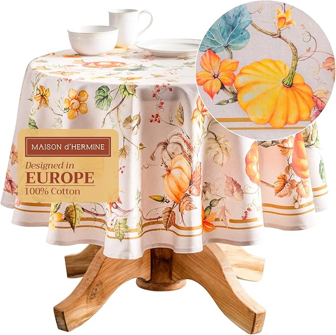 Maison d' Hermine Table Cloth Round Table 100% Cotton 63 Inches Fall Tablecloth Reusable Everyday Use for Thanksgiving Christmas Decorations Dining Farmhouse Party (Potiron)