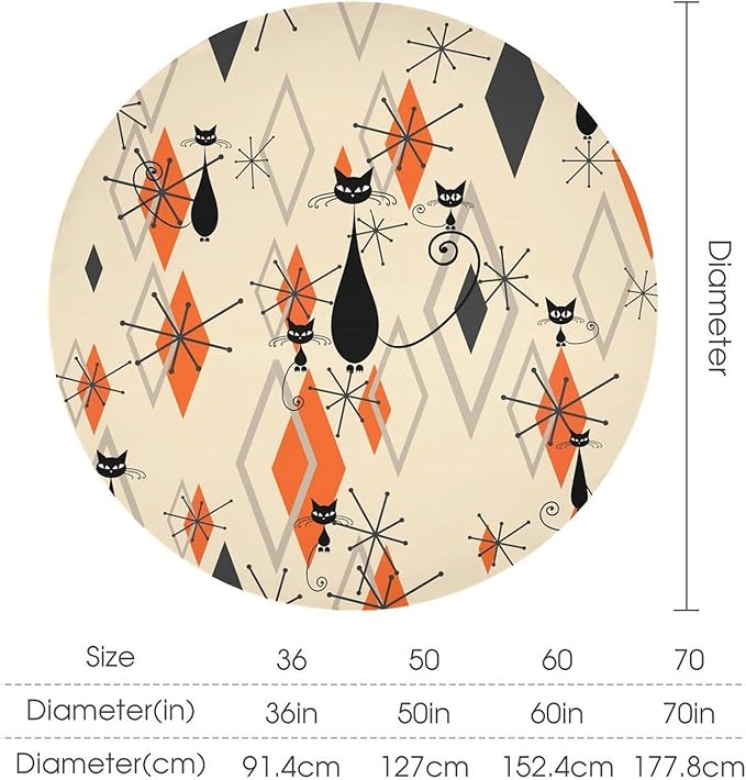 Retro Boho Modern Black Cat Round Tablecloth, Mid Century Boho Moon Abstract Geometric Leaf 50s 60s Style Tablecloth for Home Party Dining Room Kitchen Decor 60Inch(152cm)