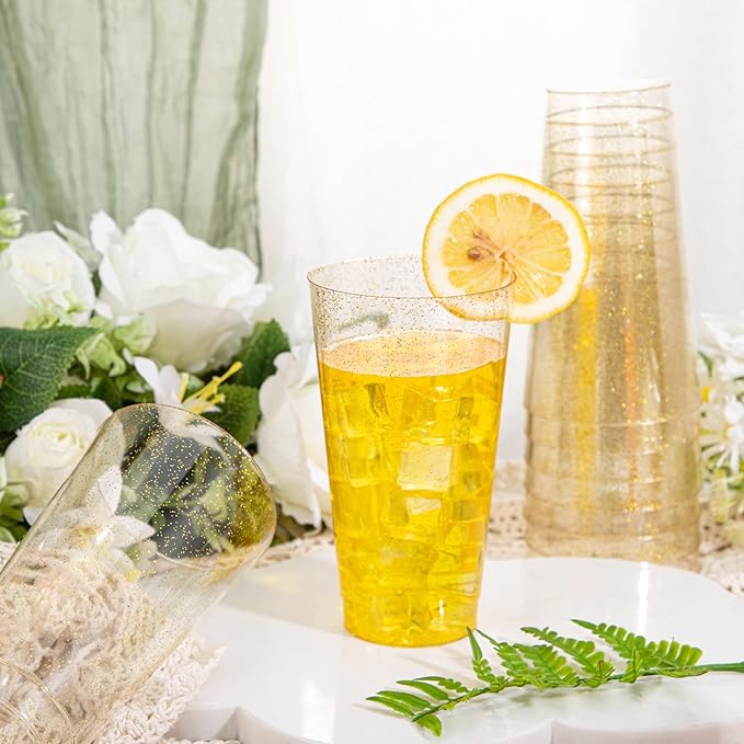I00000 16 oz Gold Plastic Cups, 50 Pack Gold Glitter Plastic Cups Tumblers Disposable Party Cup Wedding Cup, Heavy-duty Plastic Disposable Glasses Ideal for Birthday, Wedding & Party
