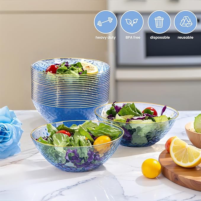 Rubtlamp 20 Pack Clear Blue Disposable Bowls, Blue Plastic Bowls with Gold Rim, 12-16oz Premium Heavy Duty Plastic Dinner Bowls for Party, Wedding and Holiday