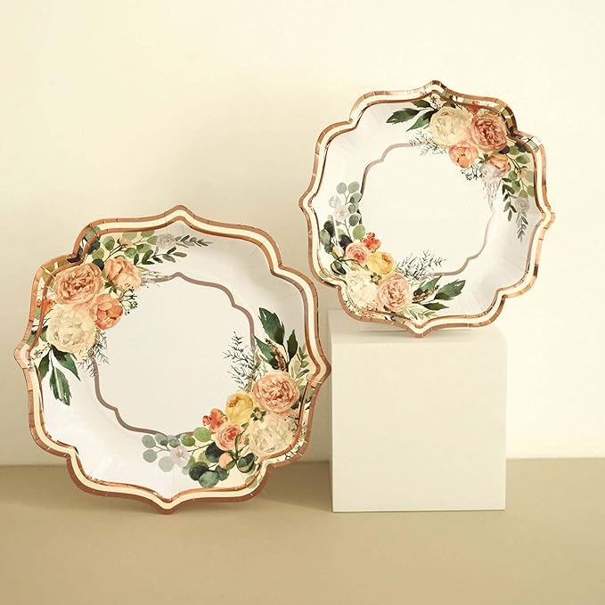 50 Pack 10" White/Rose Gold Floral Print Scallop Rim Dinner Plates, Disposable Round Paper Party Plates 300 GSM for Festive Table Decoration
