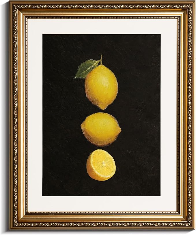 InSimSea Gold Framed Wall Art, Lemon Kitchen Wall Shelf Decor, Dark Moody Still Life Canvas Print Art, Dining Room Farmhouse Decor, Antique Paintings with Picture Frame 13x16inch