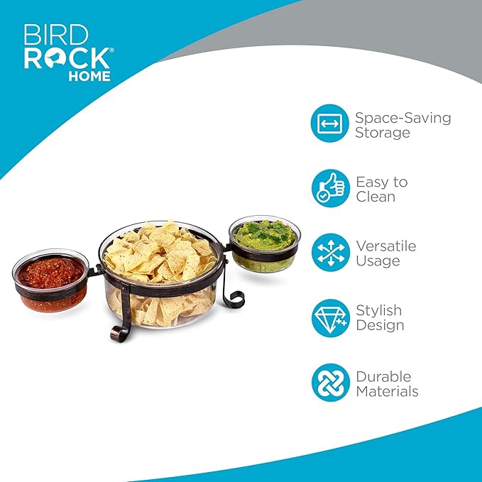 BIRDROCK HOME Chip and Dip Serving Bowl Set - Triple Glass Bowls with Metal Frame - for Party Appetizers, Taco Platter, Durable, Stylish Serveware with Compact Storage - Clear Glass, Black Frame