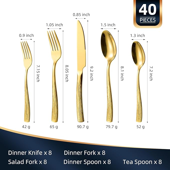 40-Piece Gold Silverware Set for 8, CITESANA Heavy Duty Stainless Steel Flatware Set with Ripple Handles, Mirror Polished Kitchen Cutlery Set