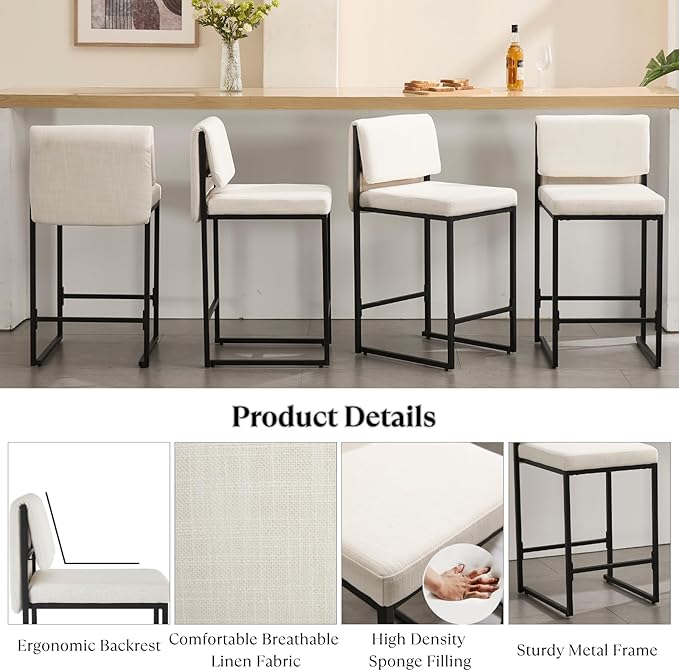 Modern Barstools Set of 2, 26” Upholstered Counter Height Bar Stools Linen Fabric Counter Stools with Padded Back Metal Frame for Kitchen Island Dining Room, Beige