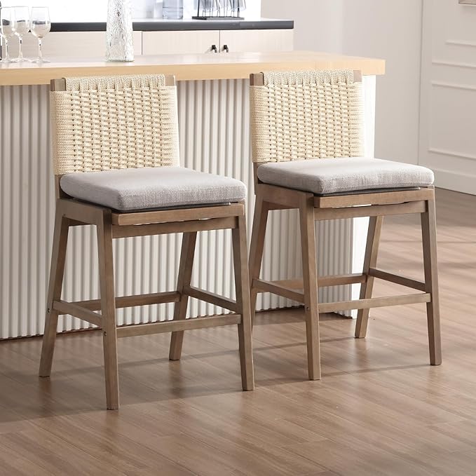 Mid Century Modern Counter Height Barstools Set of 2, 27” Linen Upholstered Counter Stools with Rope Woven Back Wooden Farmhouse Bar Stools for Kitchen Island Dining Room,Grey