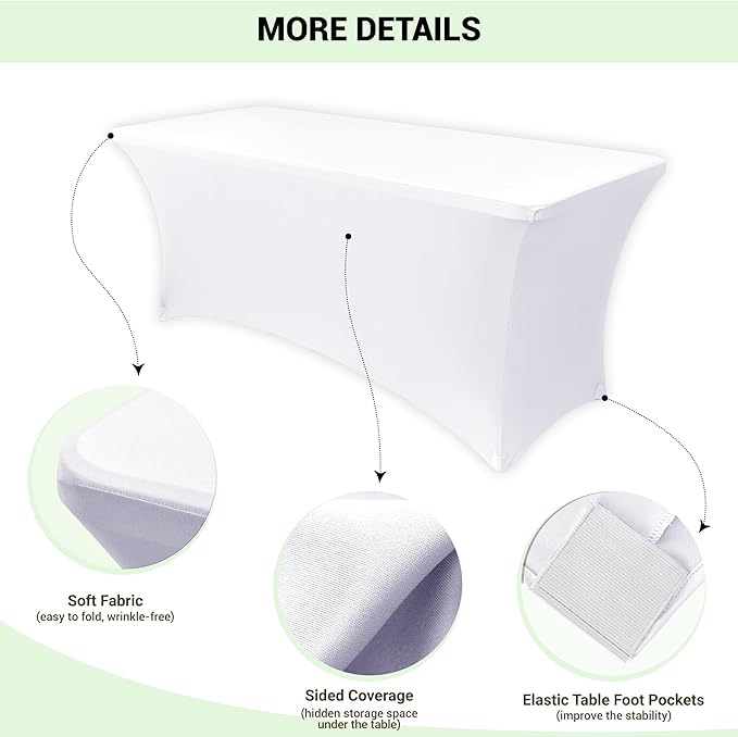 Obstal 6 Pack Stretch Spandex Table Covers for 4 Foot Tables - 4 FT Universal Rectangular Fitted Tablecloth Protector for Wedding, Banquet, Party (White, 48 Length x 24 Width x 30 Height Inches)