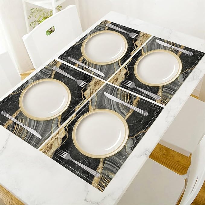 Marble Linen Placemats Set of 4, Modern Abstract Foil Stone Texture Black Gold Grey Marble Washable Cloth Place Mats, Non-Slip Dining Table Placemats for Home Kitchen Party Banquets Decor 12x17 Inch