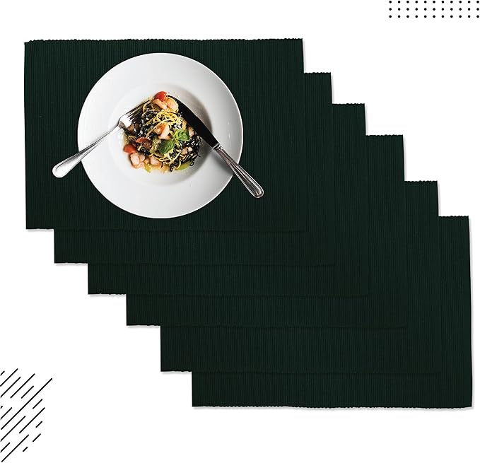 Encasa XO Dining Placemat Set of 6 | Dark Green Color | Fine Ribbed Cotton Table mat | Size 19x13 in | Machine Washable