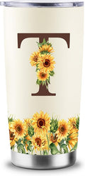 Sunflower Gifts for Women - Personalized Christmas Gifts for Women - Birthday Gift for Woman - Mothers Day Gift for Mom - Monogrammed, Initial 20oz Travel Cup Insulated Tumbler with Lid, T